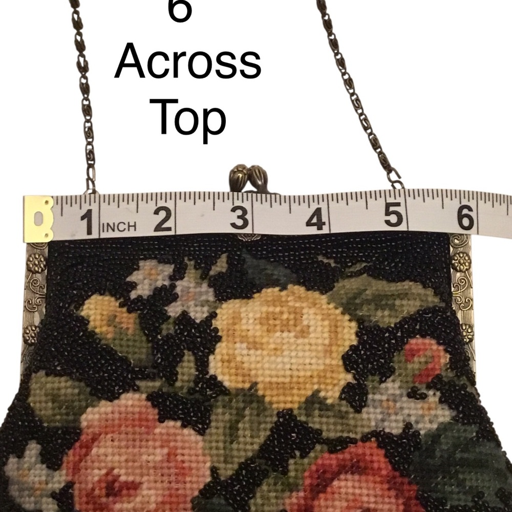 Vintage Style Regency Floral Needlepoint Beaded Evening Bag Pewter Scroll Frame - Picture 12 of 16